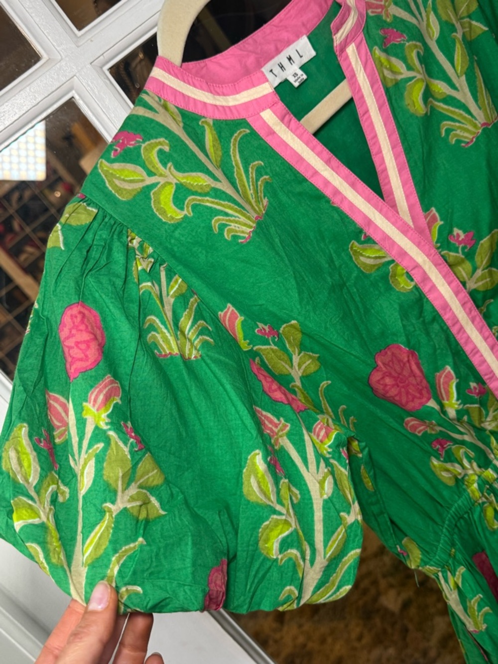 🌺🍋🟩THML Green Floral Maxi Dress with Pink Trim embroidered boho puff sleeve - Picture 7 of 10